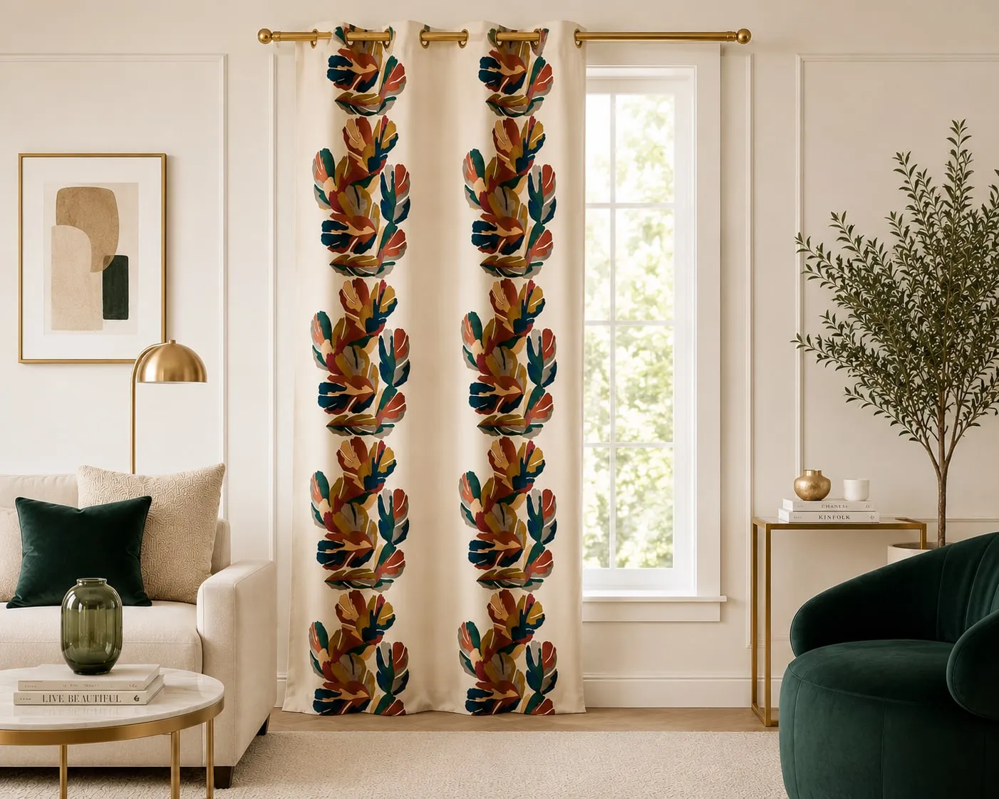 Embroidered curtains framing a window in a soft, neutral living room.