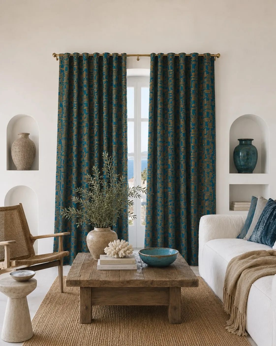 Teal embroidered curtains in a Mediterranean room with arched niches.