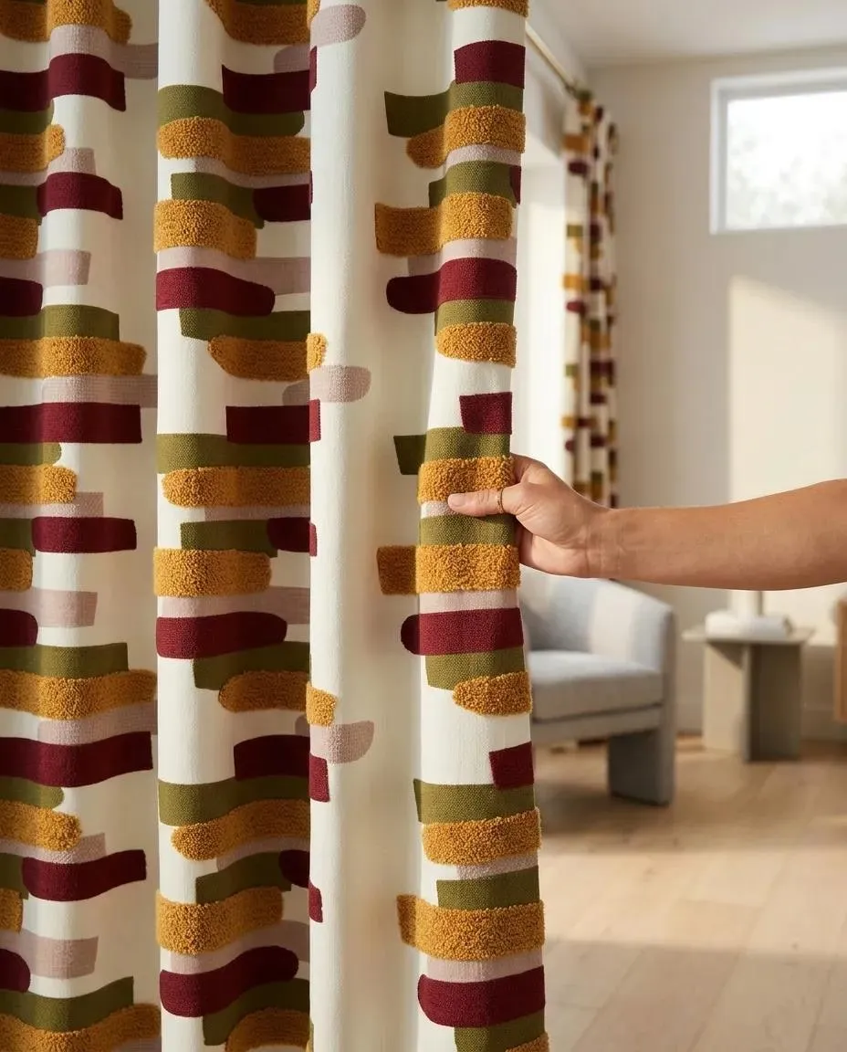 A hand drawing back an embroidered curtain in warm stripes.