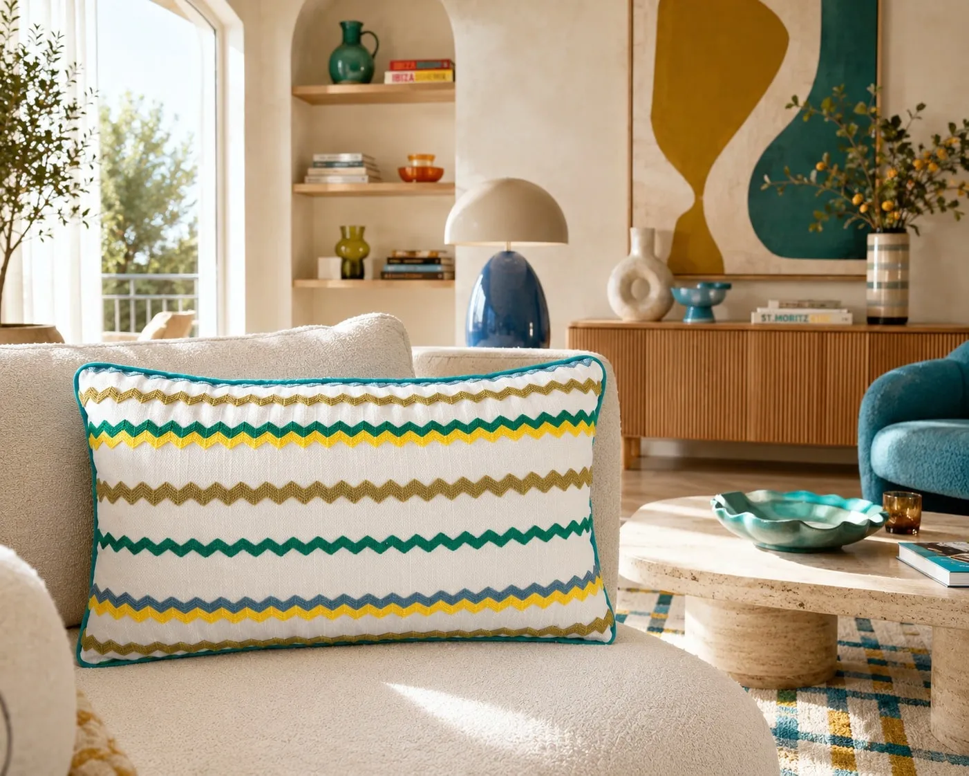 A living room with colourful embroidered lumbar cushions on a pale sofa.